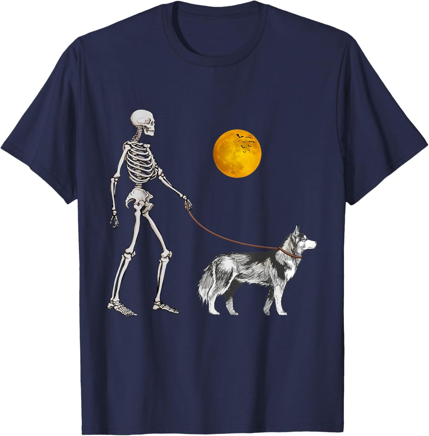 Siberian Husky Skeleton Dog Walking Halloween Costume T-Shirt - T-Shirt | Navy