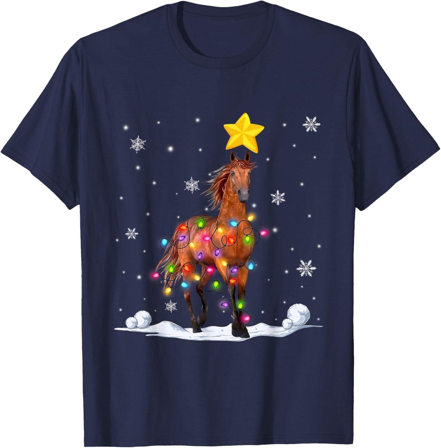 Funny Xmas Horse Animals Lover Christmas Tree Lights T-Shirt - T-Shirt | Navy