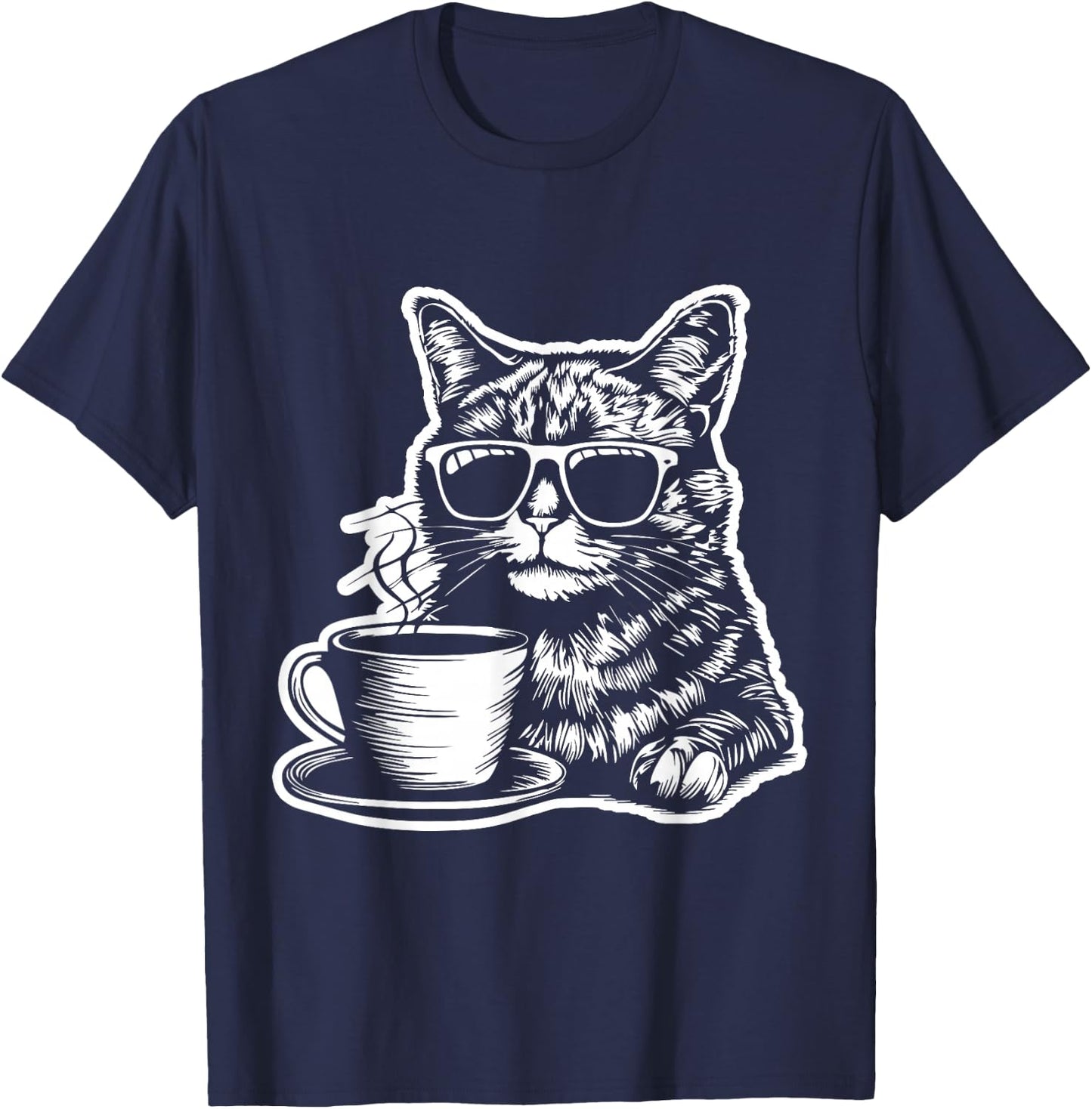 Cat Drinking Coffee Fun and Quirky Art Design Women Kids T-Shirt - T-Shirt | Navy