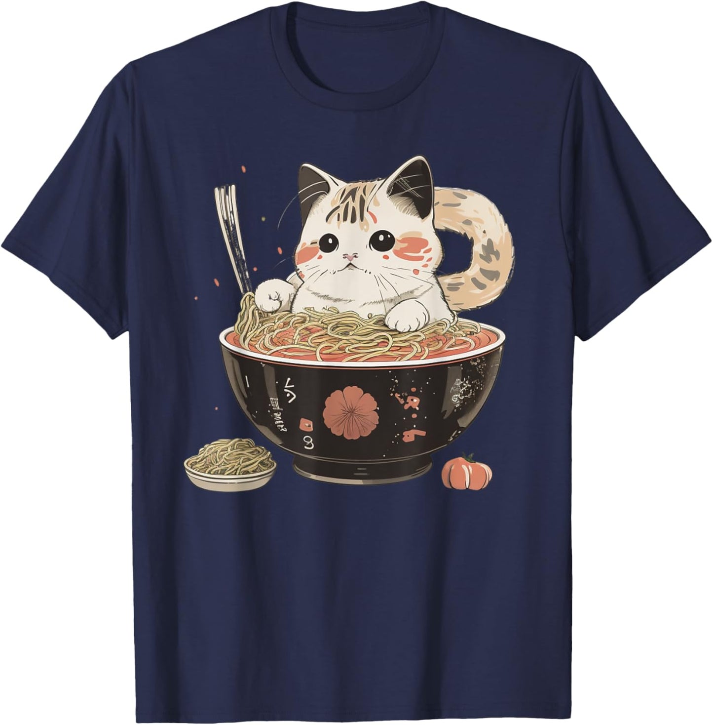 Kawaii Cat Noodle Bowl Japanese Tradittional Graphic Men Women T-Shirt - T-Shirt | Navy