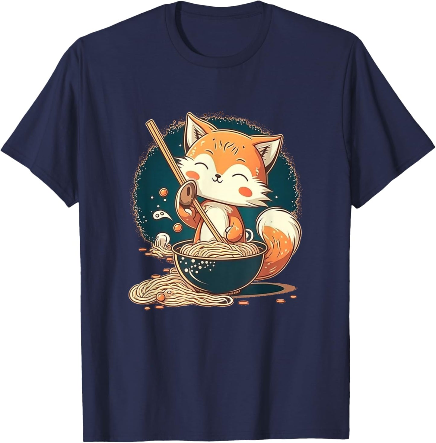 Kawaii Japanese Style Red Fox Ramen Noodles Anime T-Shirt - T-Shirt | Navy