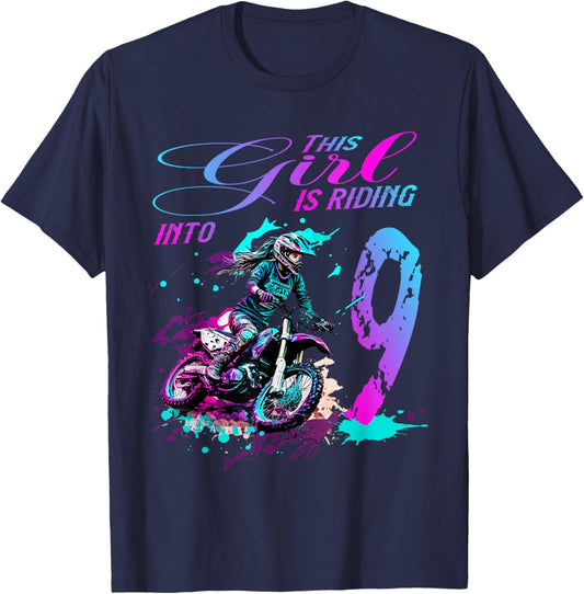 Motocross Birthday - This Girl Is Riding into 9 - Dirt Bike T-Shirt - T-Shirt | Navy