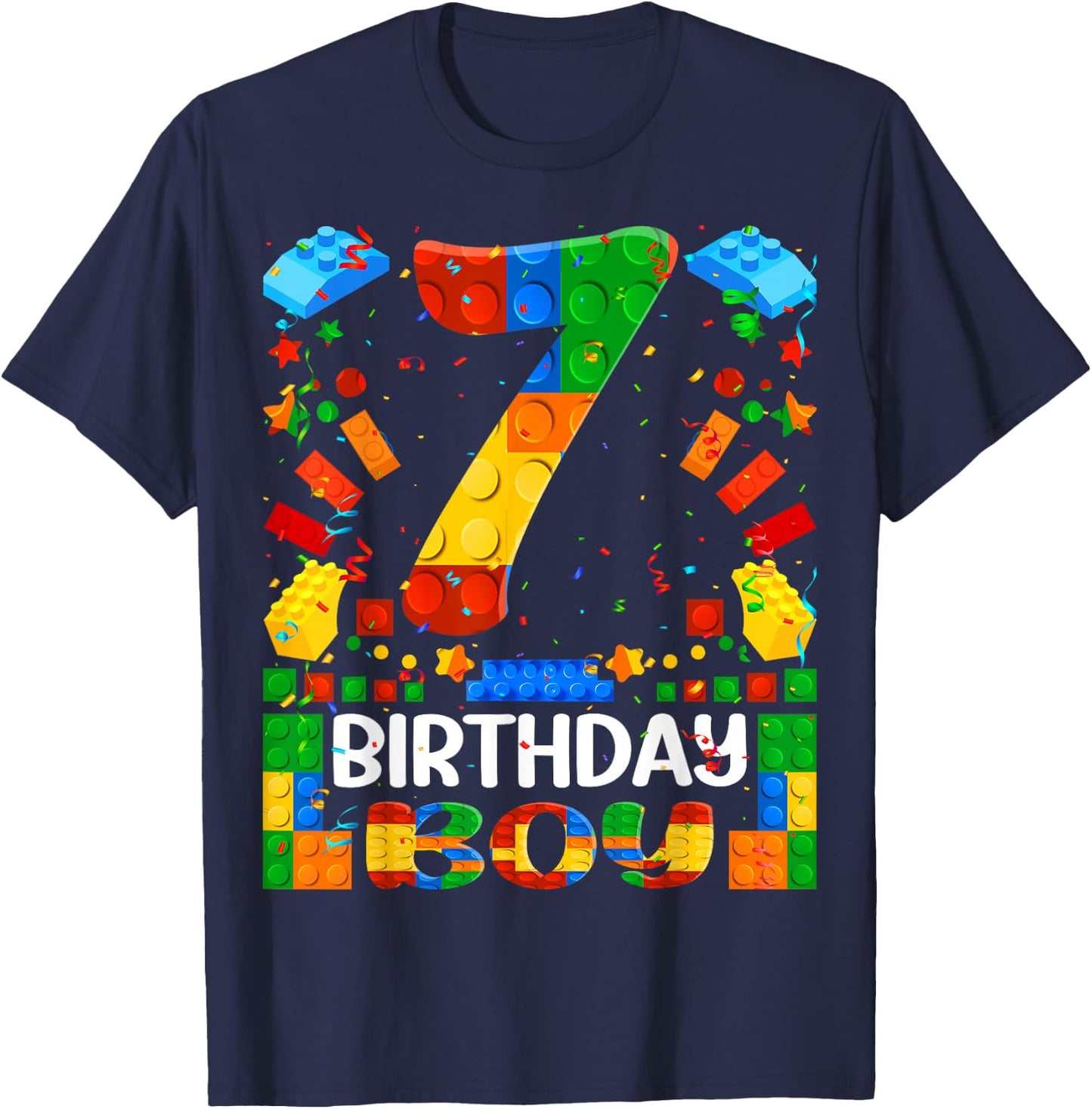 7 Year Old Building Blocks 7th Birthday Boy Brick Builder T-Shirt - T-Shirt | Navy