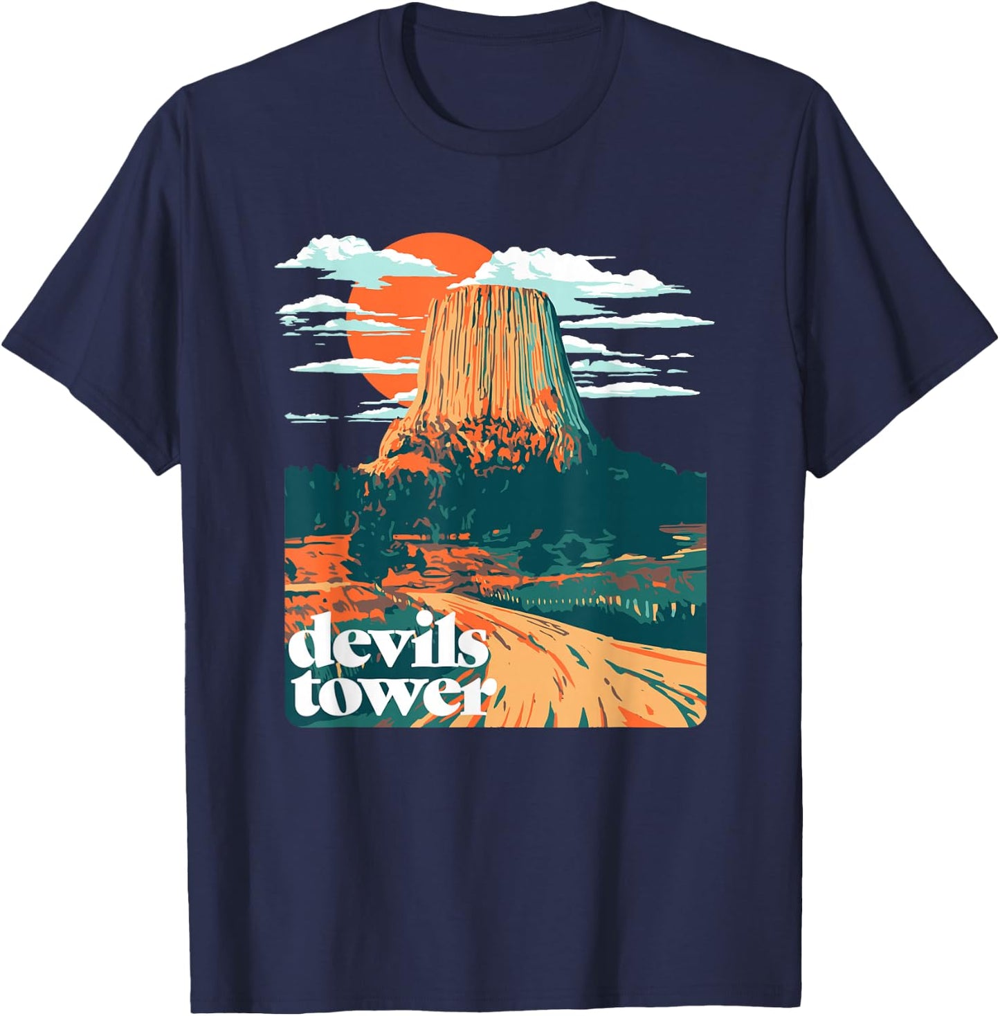 Retro Devils Tower Monument Vintage Design Graphic T-Shirt - T-Shirt | Navy