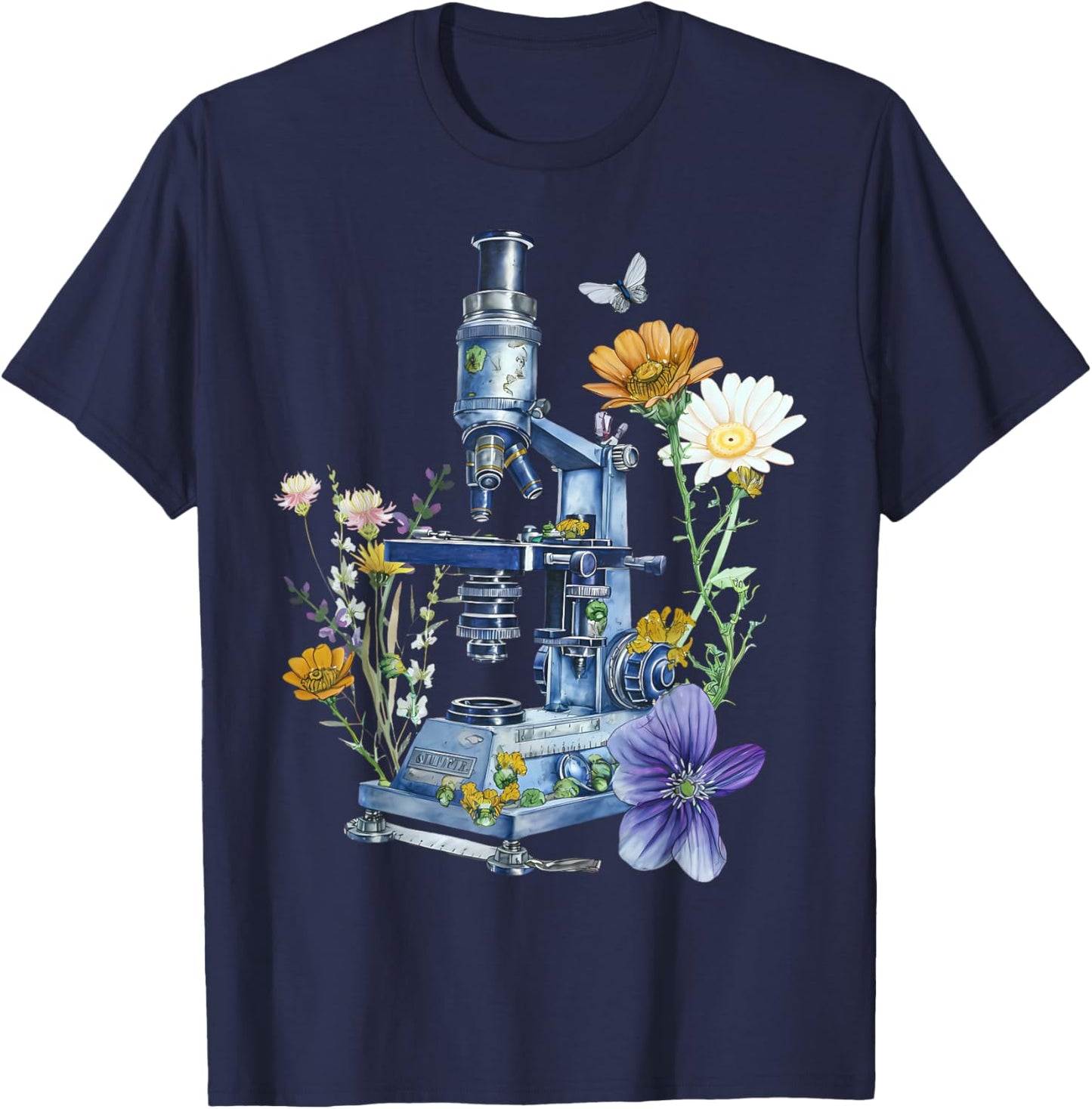 Medical Laboratory Technician Chemistry Floral Microscope Science Butterfly - Adults, Black, Small, Short Sleeve T-Shirt - T-Shirt | Navy