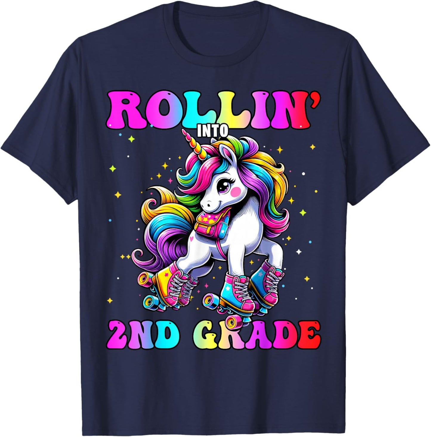 2nd Grade Back To School First Day Girl Rollin Unicorn T-Shirt - T-Shirt | Navy
