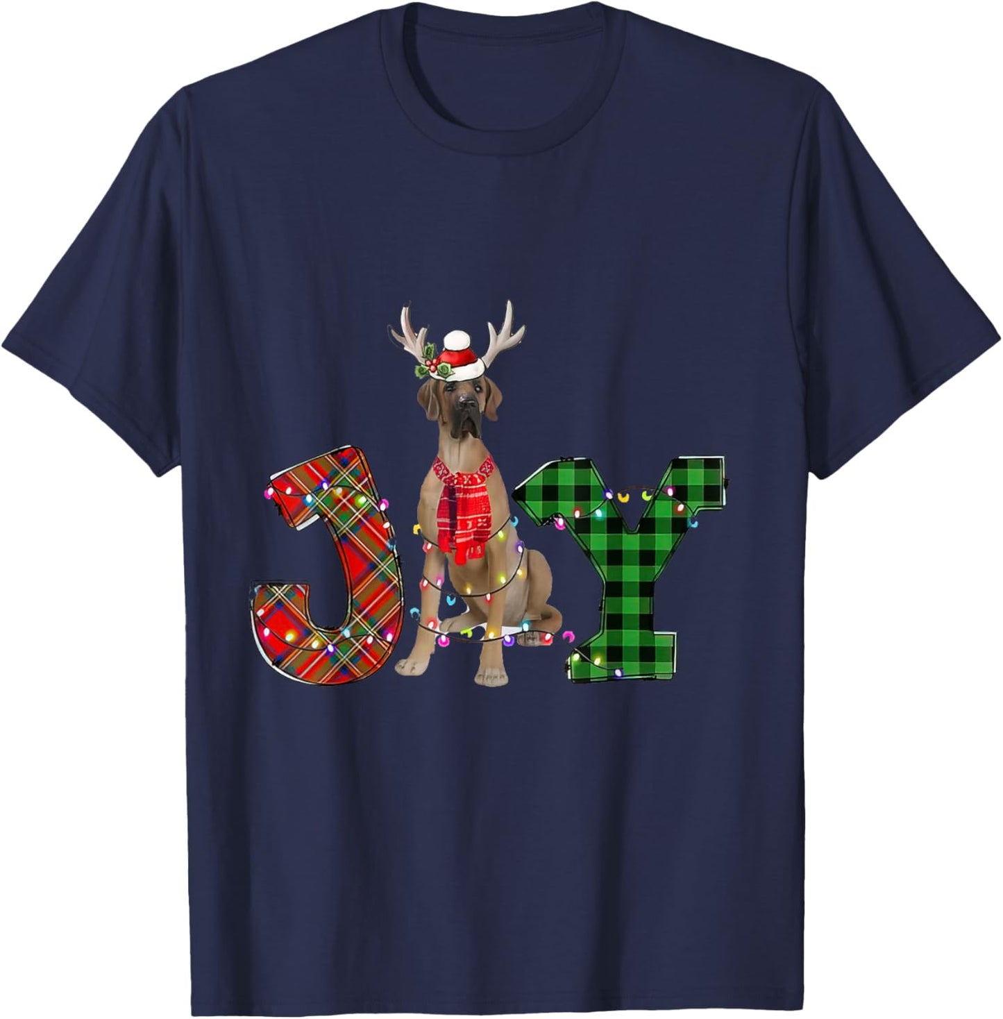 Joy Christmas Lights Fawn Great Dane Dog Santa Hat Pajama T-Shirt - T-Shirt | Navy