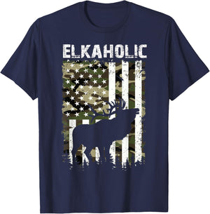Elk Hunting Elkaholic Hunters Funny US Flag Hunting Lovers T-Shirt - T-Shirt | Navy