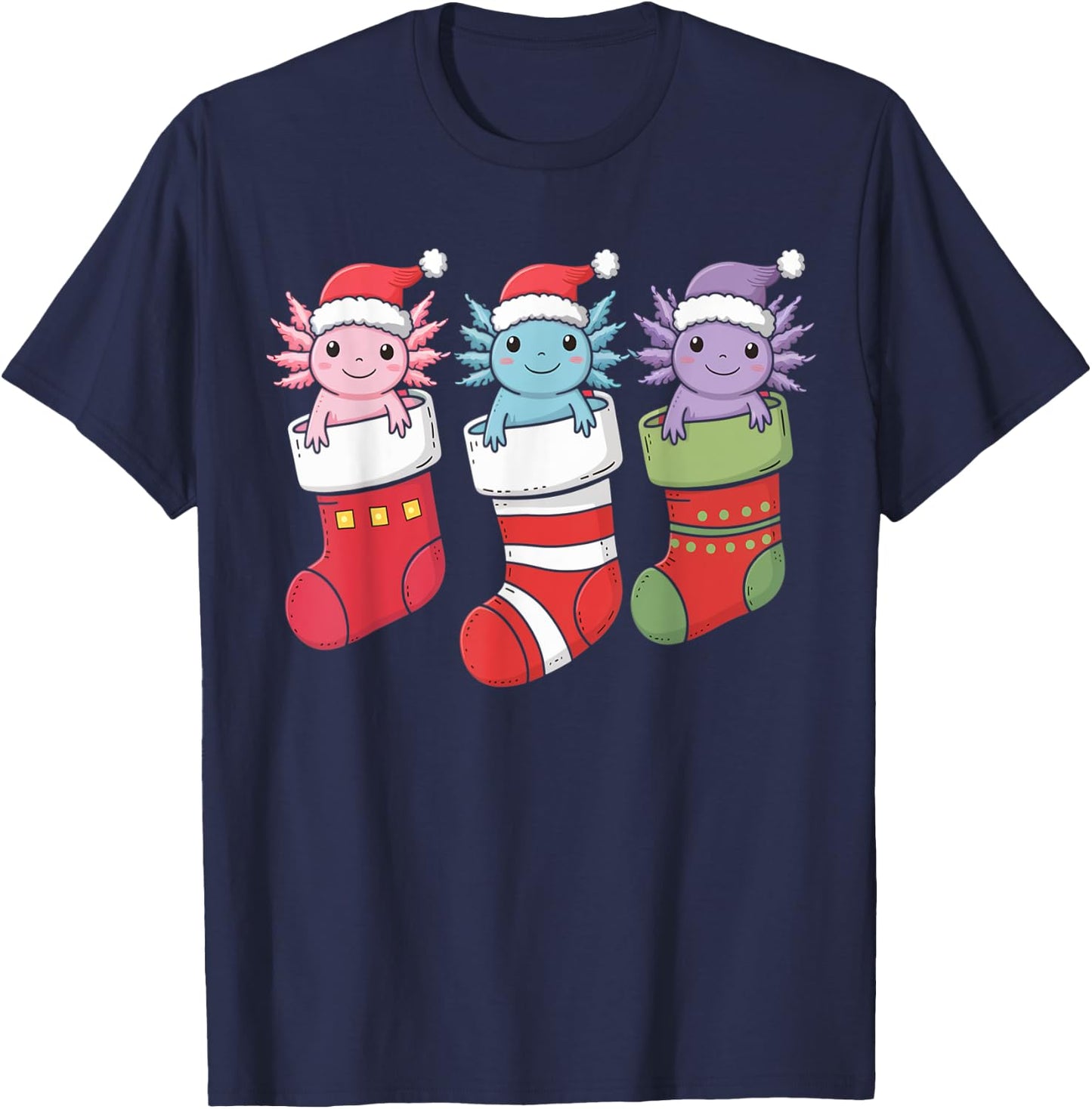 Axolotl Stocking Santa Hat Christmas Kawaii Holiday Xmas T-Shirt - T-Shirt | Navy