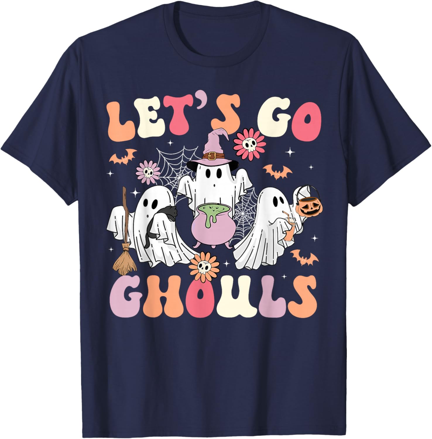Let's Go Ghouls Halloween Costume Ghost Witch Groovy Retro T-Shirt - T-Shirt | Navy