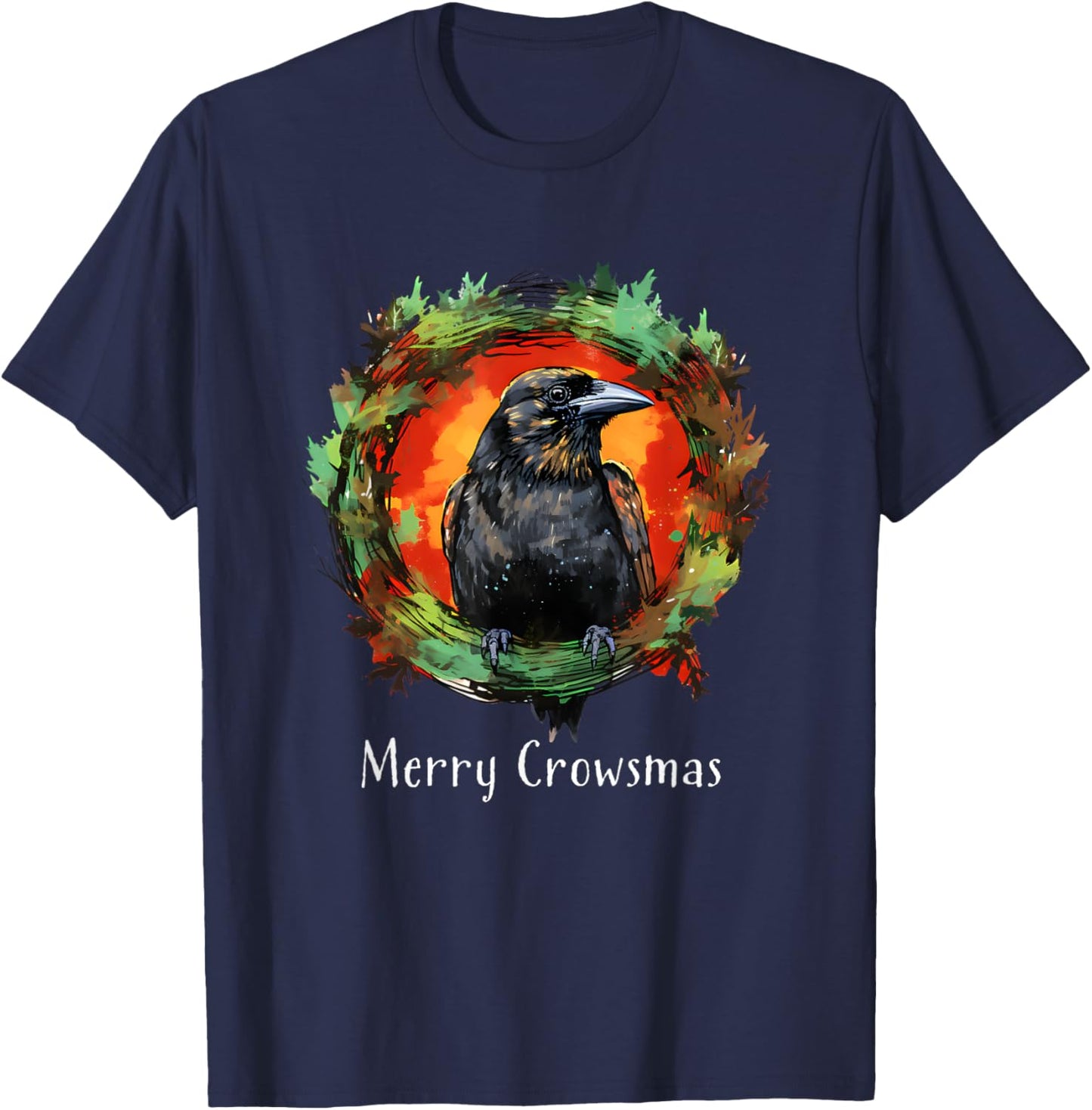 Humorous Holiday Designs For Christmas Lovers Funny Christmas Wreath Crow Corvid 'Merry Crowsmas' Holiday T-Shirt - T-Shirt | Navy