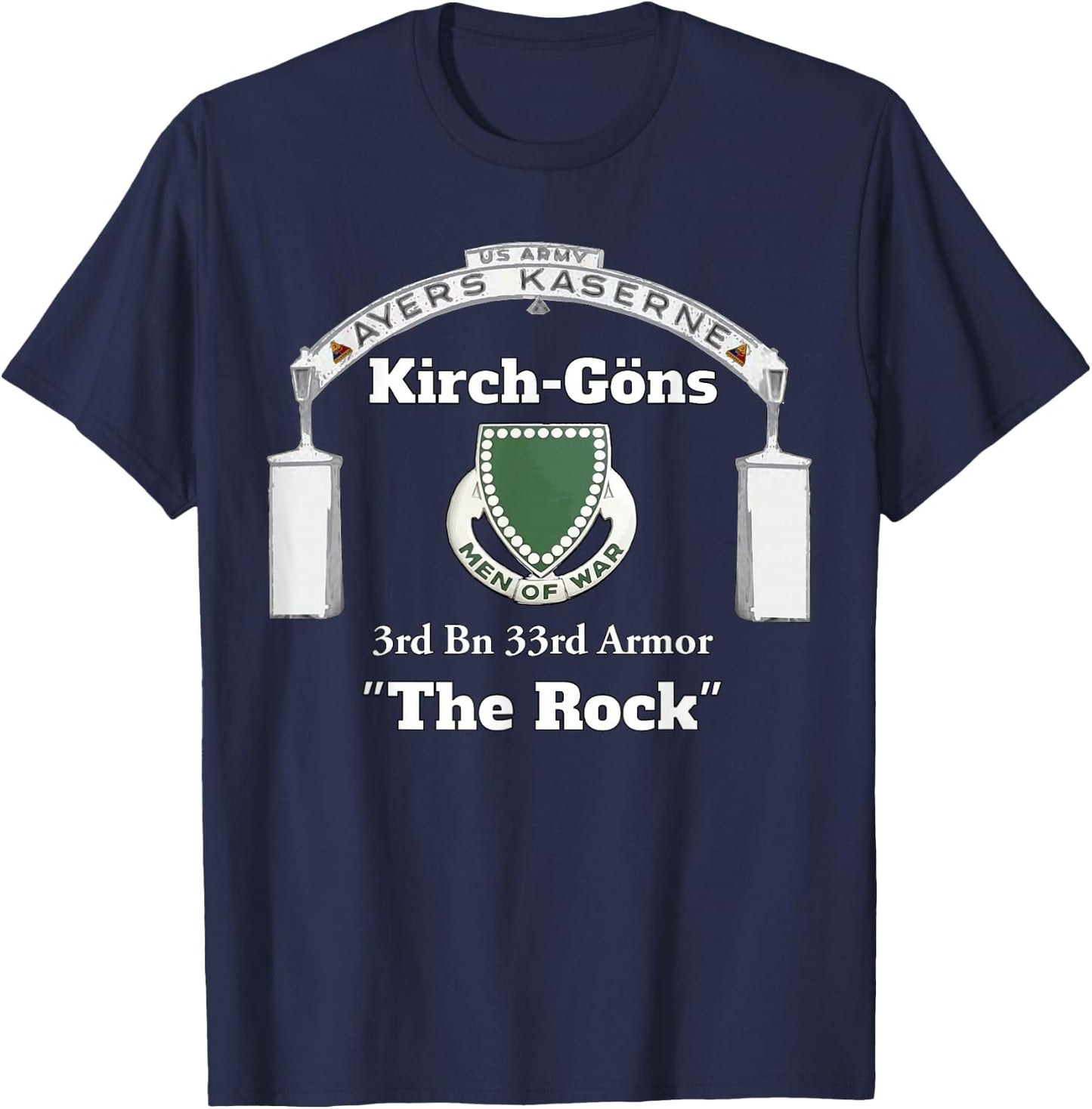 Ayers Kaserne-Kirch-Gons - 3rd Bn 33rd Armor design on front T-Shirt - T-Shirt | Navy