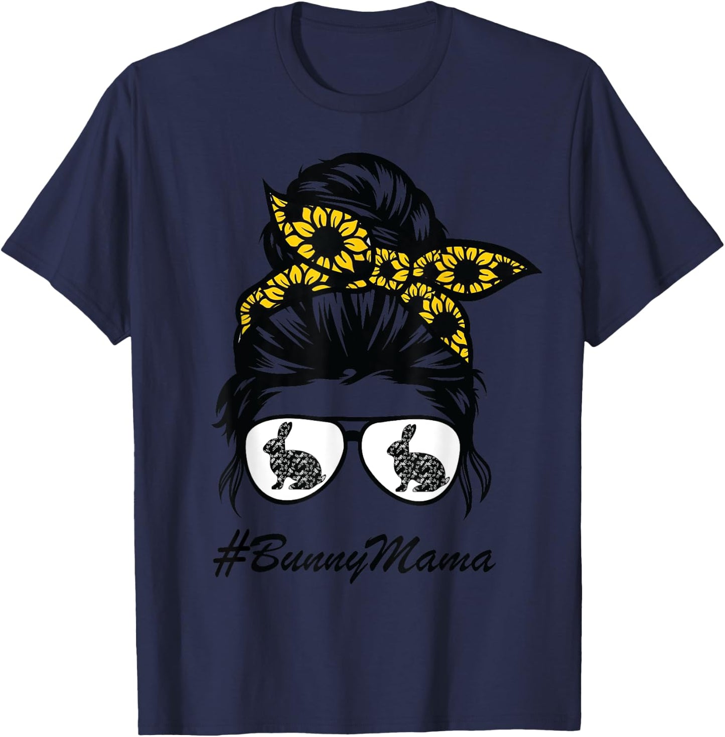 Bunny Mama messy bun sunflower, rabbit mom messy bun hair T-Shirt - T-Shirt | Navy