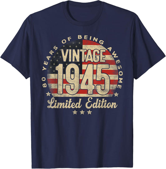 Vintage 1945 Limited Edition 80-Year-Old Gifts USA Flag T-Shirt - T-Shirt | Navy