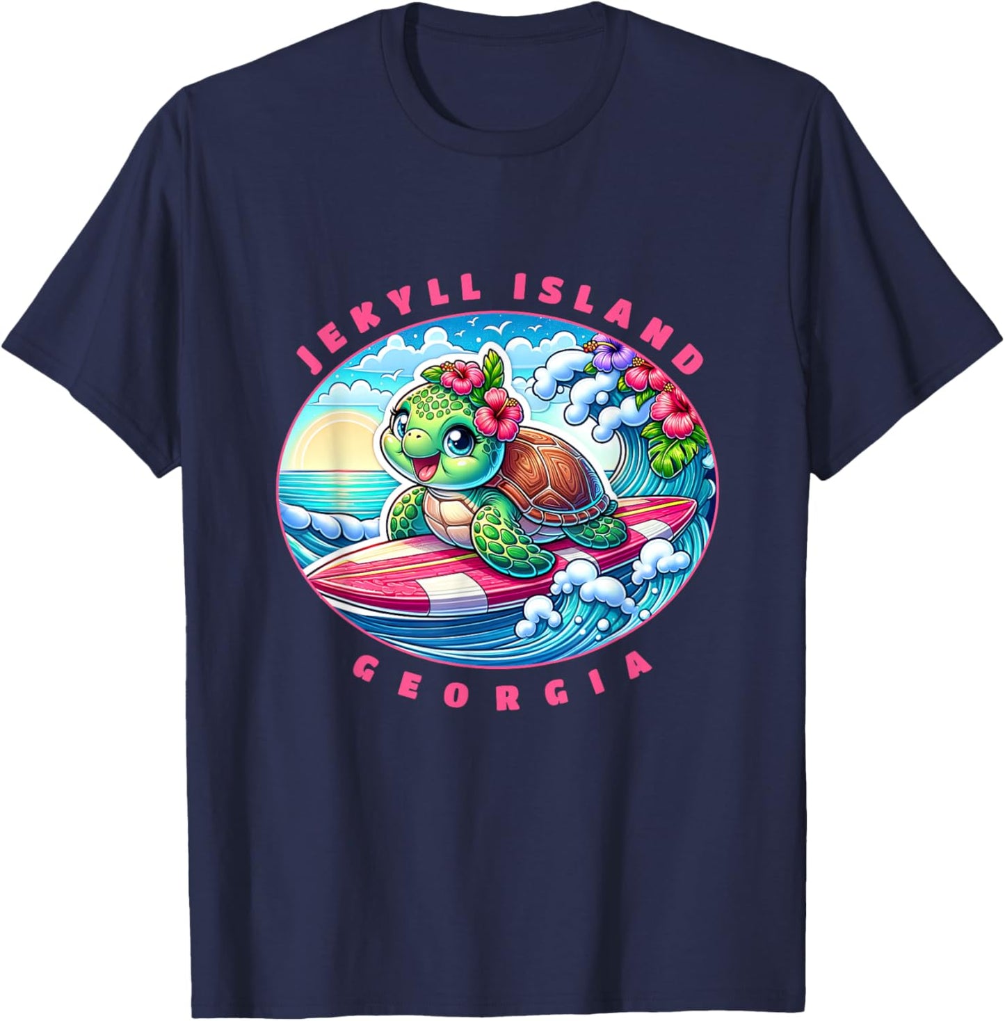 Jekyll Island Georgia Girls Cute Surfing Sea Turtle T-Shirt - T-Shirt | Navy