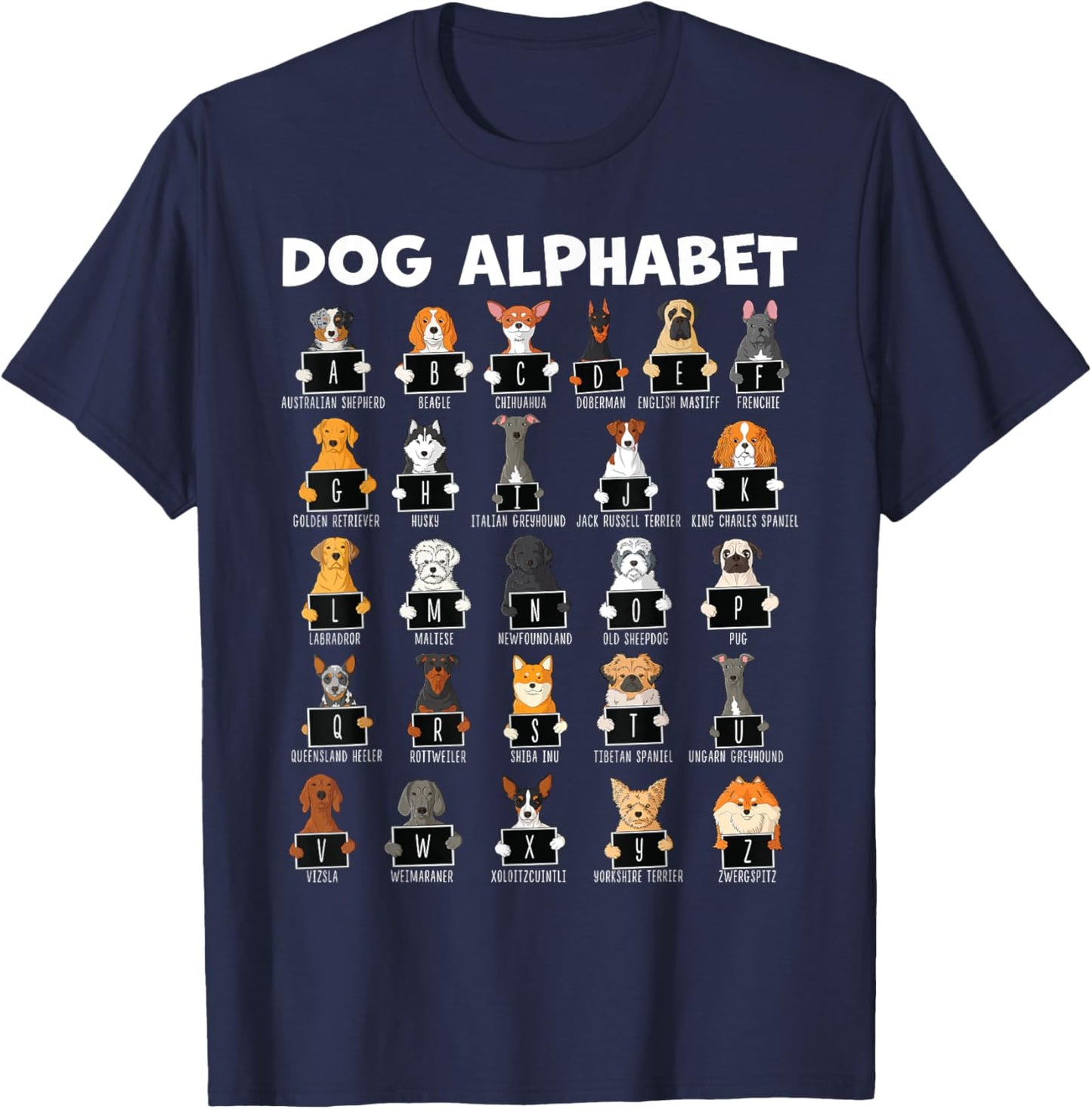 Types Of Dogs Alphabet A-Z ABC Dog Identification Women Girls Kids T-Shirt - T-Shirt | Navy