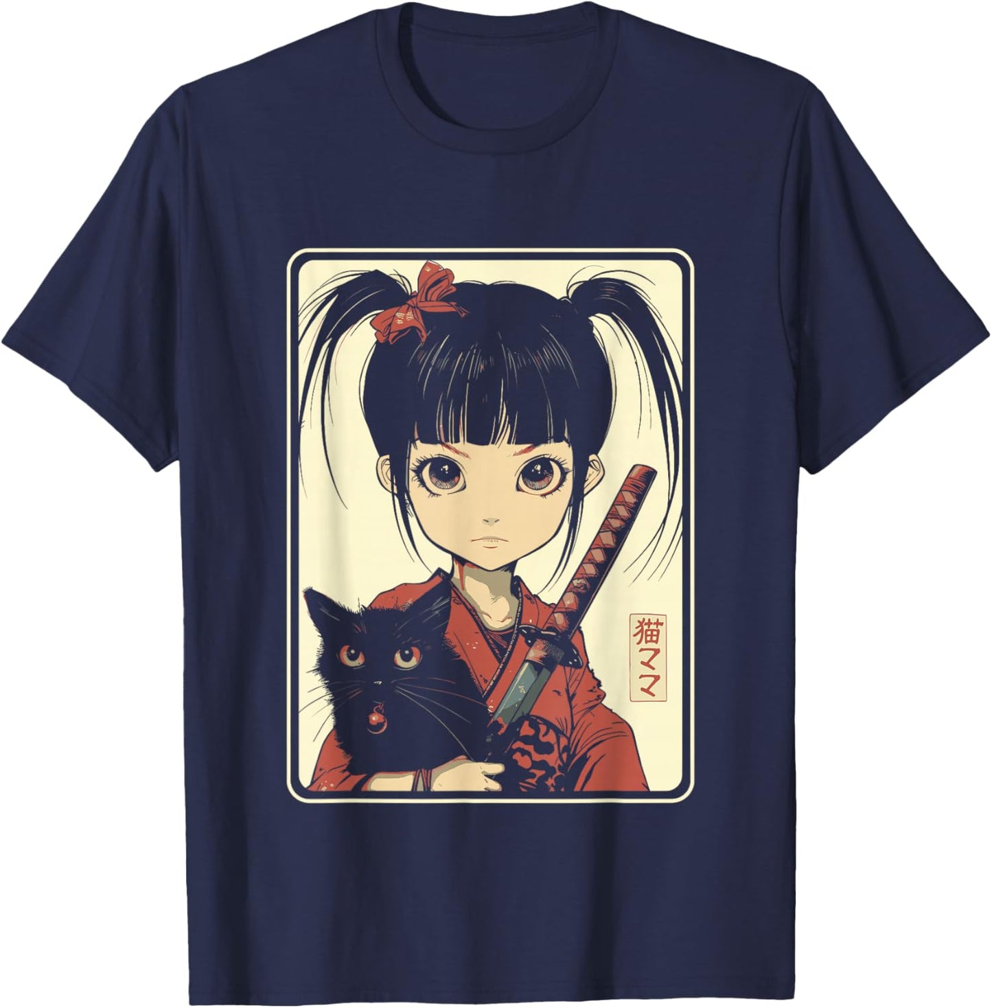 Japanese Gothic Kawaii Anime Samurai Cat Mom Woman Girls T-Shirt - T-Shirt | Navy
