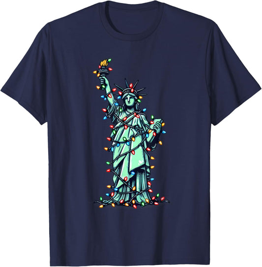 American Patriotic Xmas Outfit Cute Santa Statue of Liberty T-Shirt - T-Shirt | Navy