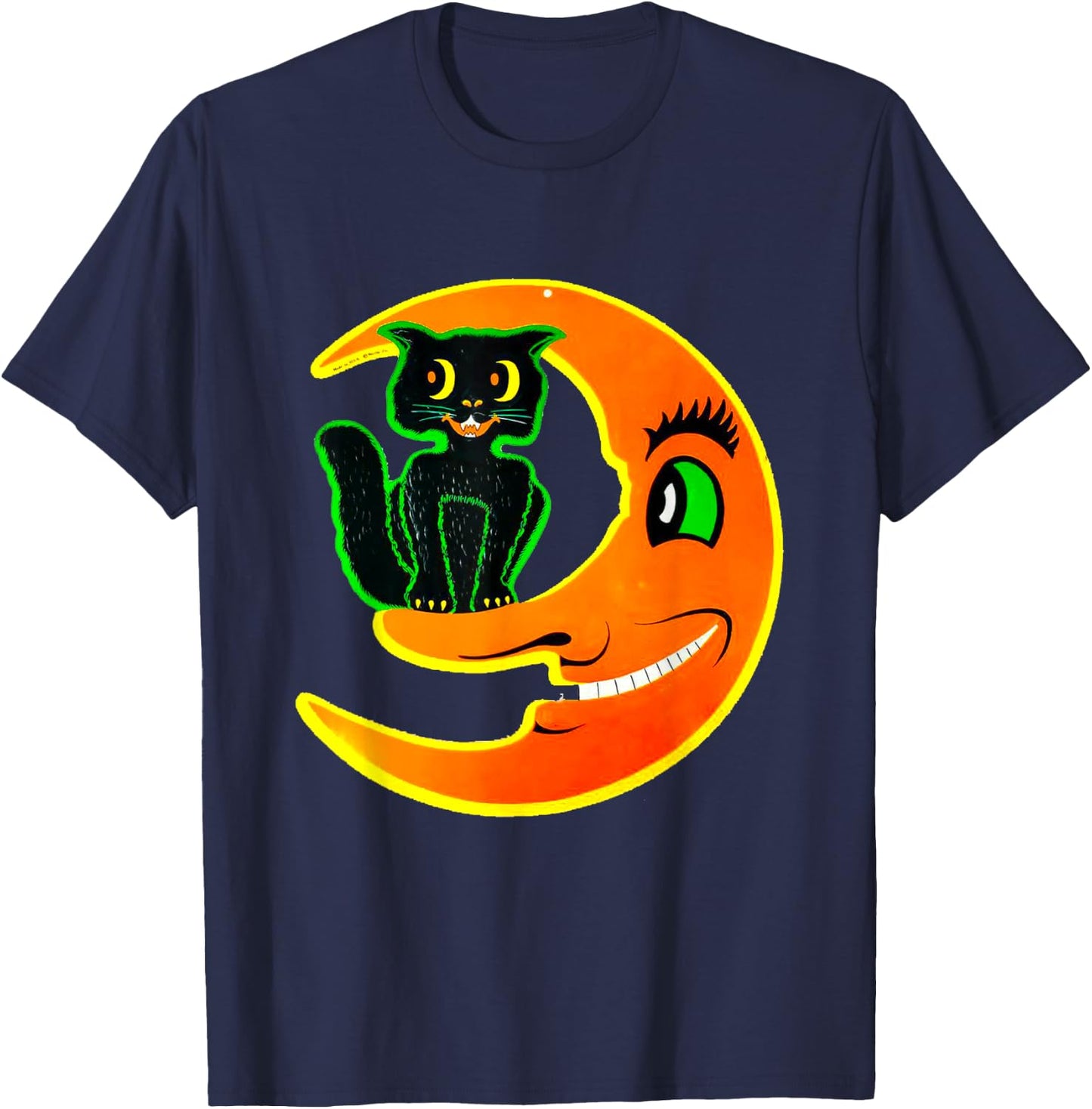 Vintage Halloween Beistle Cat on the Moon Horror Gift T-Shirt - T-Shirt | Navy