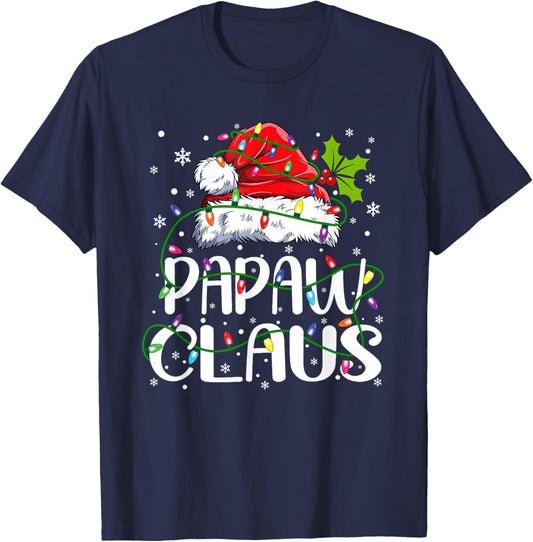 Papaw Claus Christmas Santa Hat Matching Family Xmas Lights T-Shirt - T-Shirt | Navy