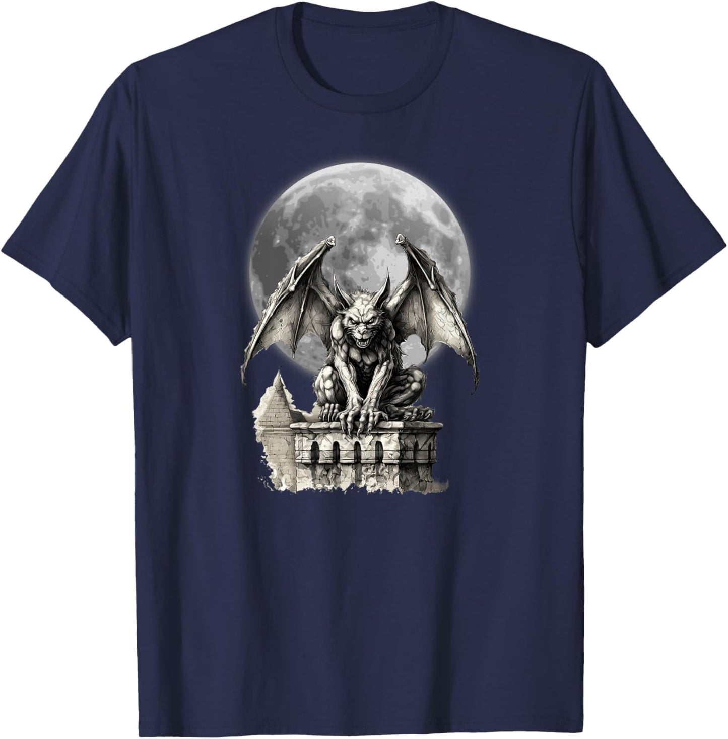 Gargoyle Full Moon Gothic Architecture Goth Dark Aesthetic T-Shirt - T-Shirt | Navy