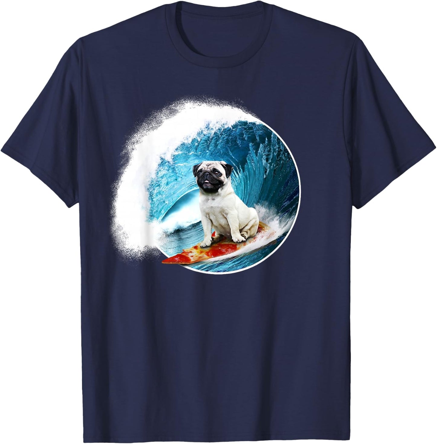 Funny Pug - Surfing Pug riding a ocean Wave on a Pizza T-Shirt - T-Shirt | Navy