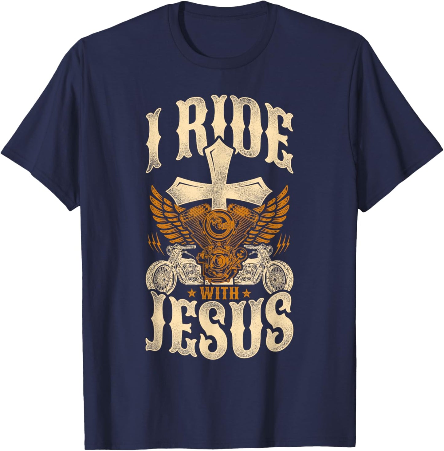 Classic Christian Motorcycle Biker I Ride With Jesus T-Shirt - T-Shirt | Navy