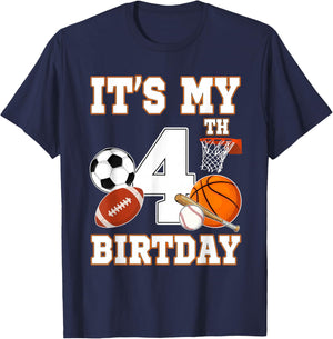 It's my 4th Birthday Sport Balls 4 Year Old Kids Party T-Shirt - T-Shirt | Navy