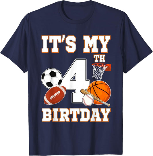 It's my 4th Birthday Sport Balls 4 Year Old Kids Party T-Shirt - T-Shirt | Navy