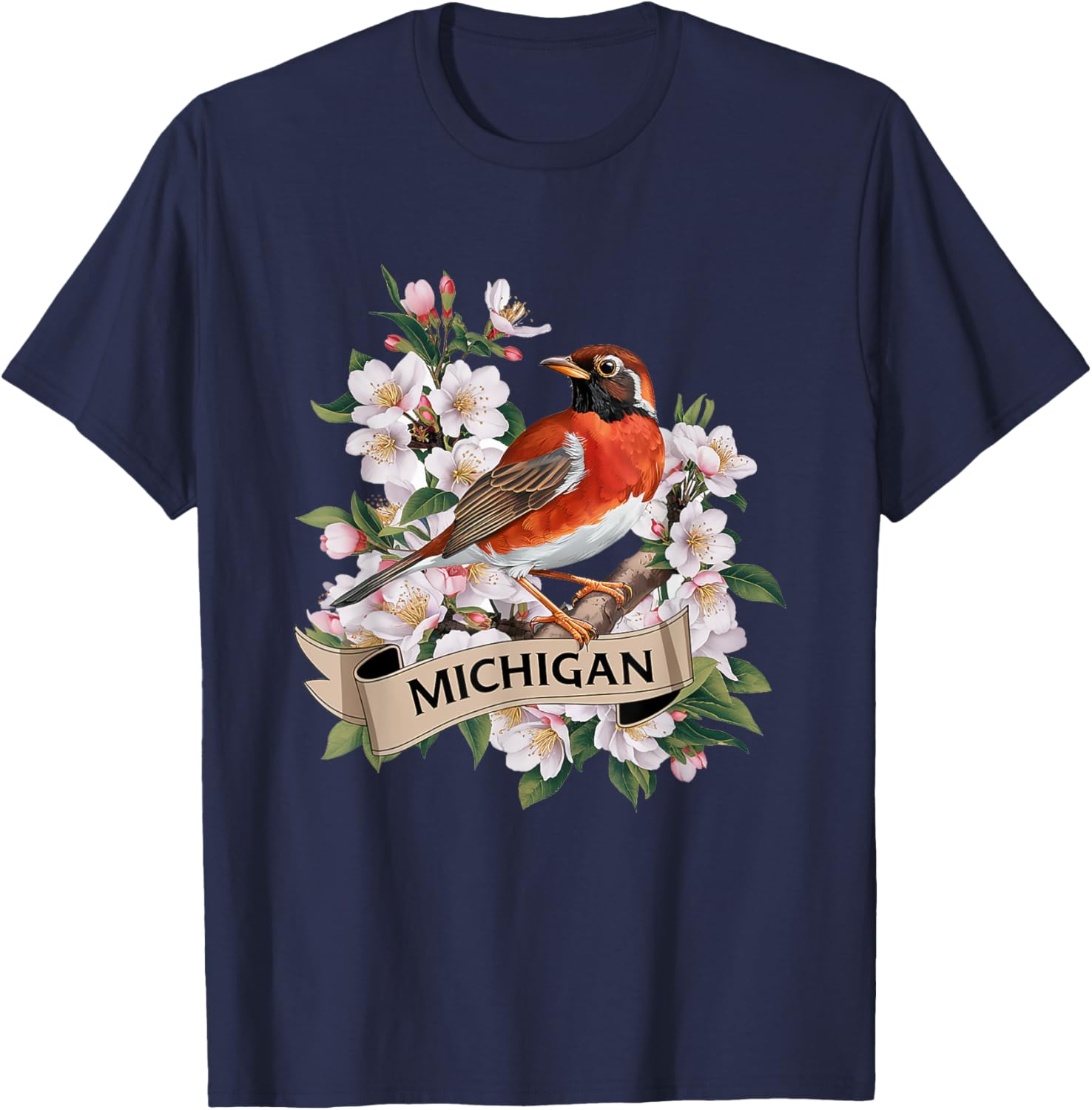 Michigan American Robin Bird and Apple Blossom Flower T-Shirt - T-Shirt | Navy