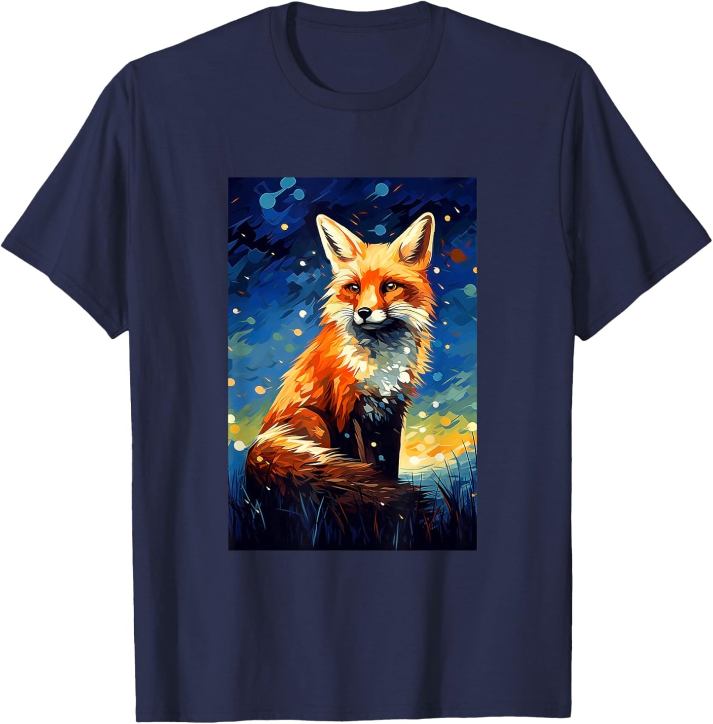 Cute Fox Van Gogh Style Starry Night Graphic T-Shirt - T-Shirt | Navy