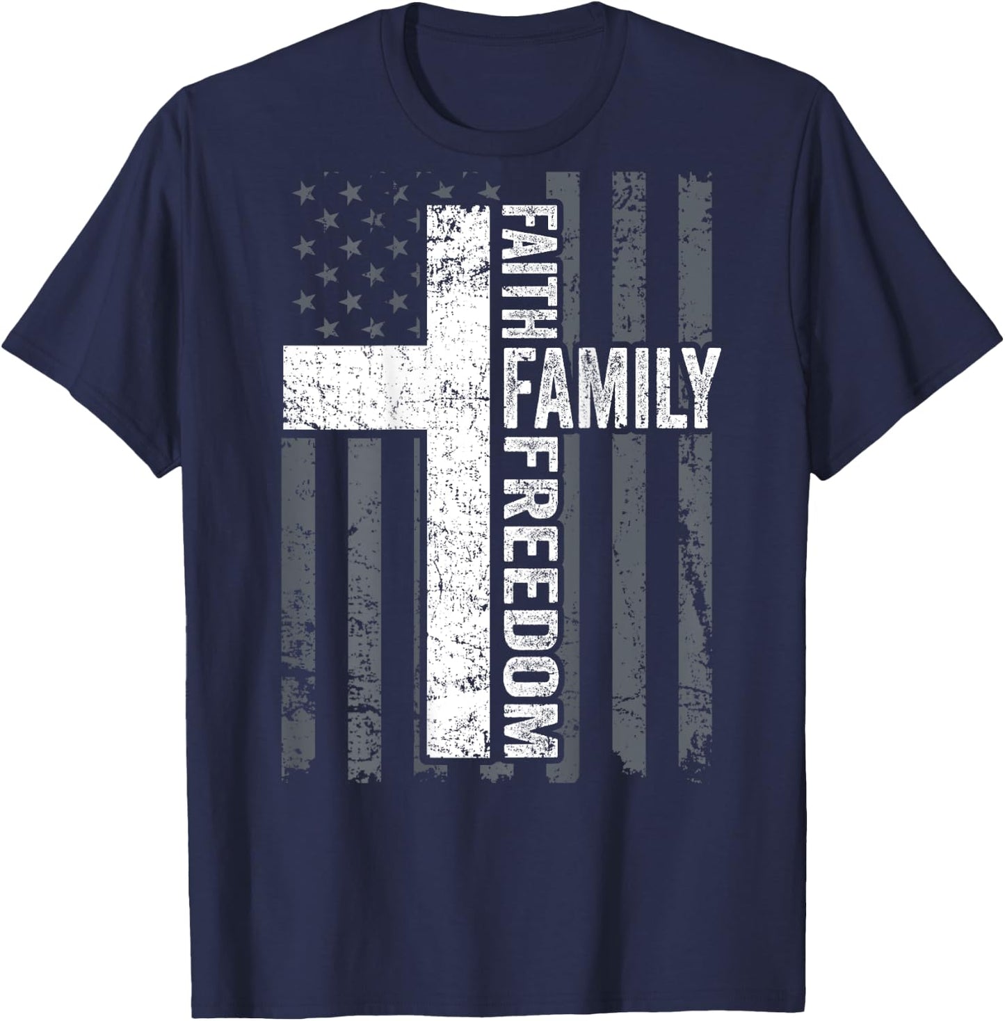 Faith Family & Freedom - Christian USA Cross Flag -ON Back T-Shirt - T-Shirt | Navy