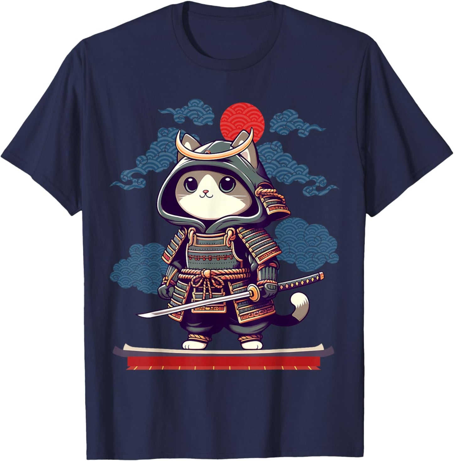 Japanese Samurai Cat Tattoo Kawaii Ninja Cat Anime Cute Kids T-Shirt - T-Shirt | Navy