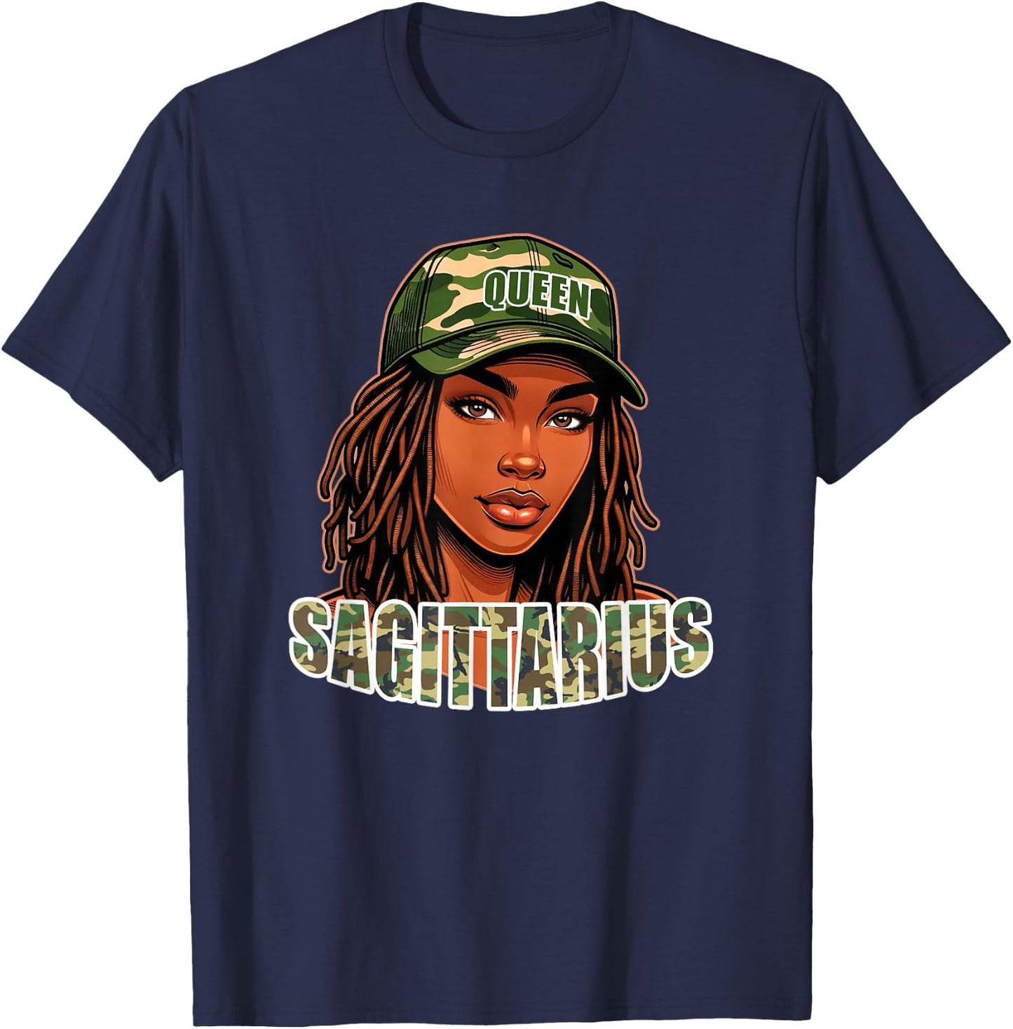 Sagittarius Queen Camo Hat Locs Birthday Black Woman T-Shirt - T-Shirt | Navy