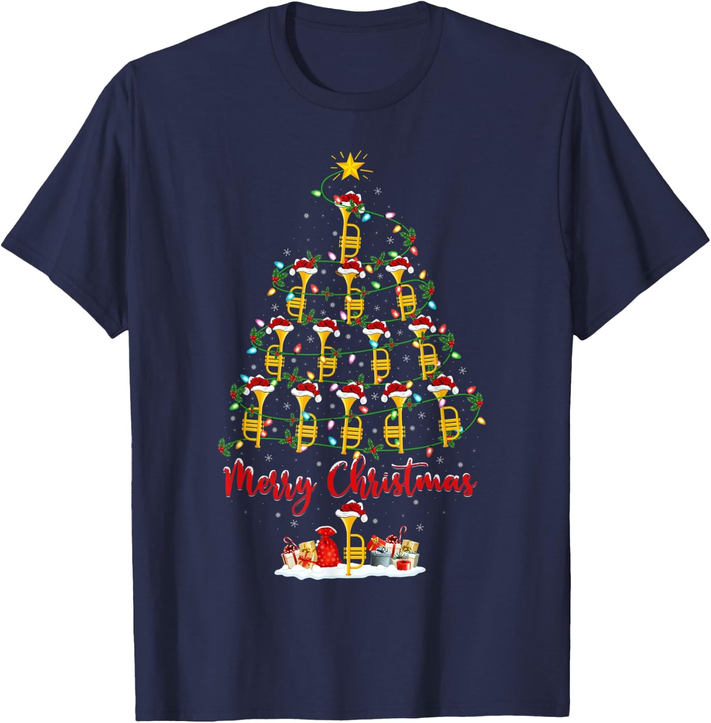 Trumpet Christmas Tree Lights Funny Trumpet Xmas T-Shirt - T-Shirt | Navy
