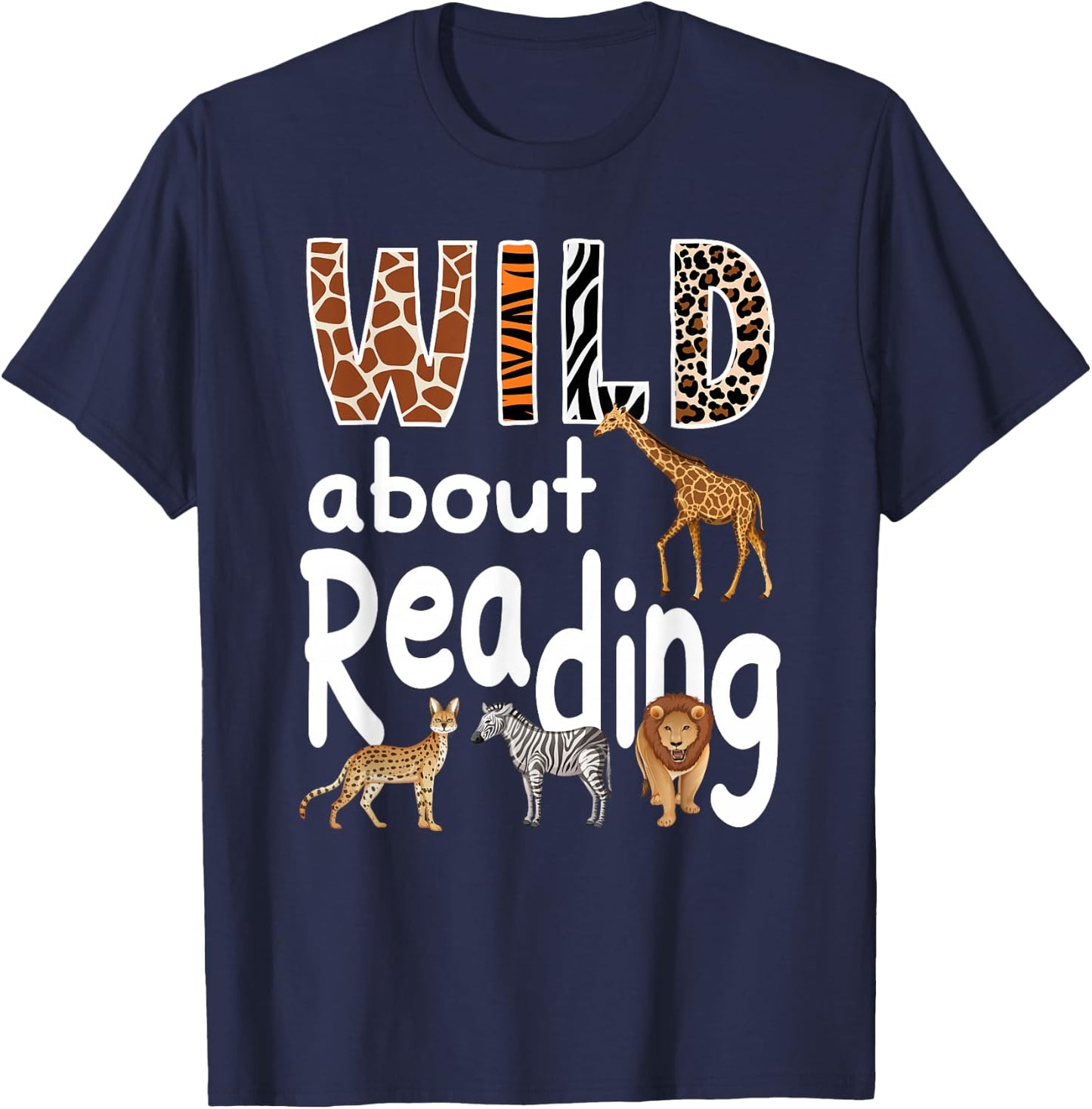 Zoo Animals Wild About Reading Books Reader Lover Librarian T-Shirt - T-Shirt | Navy