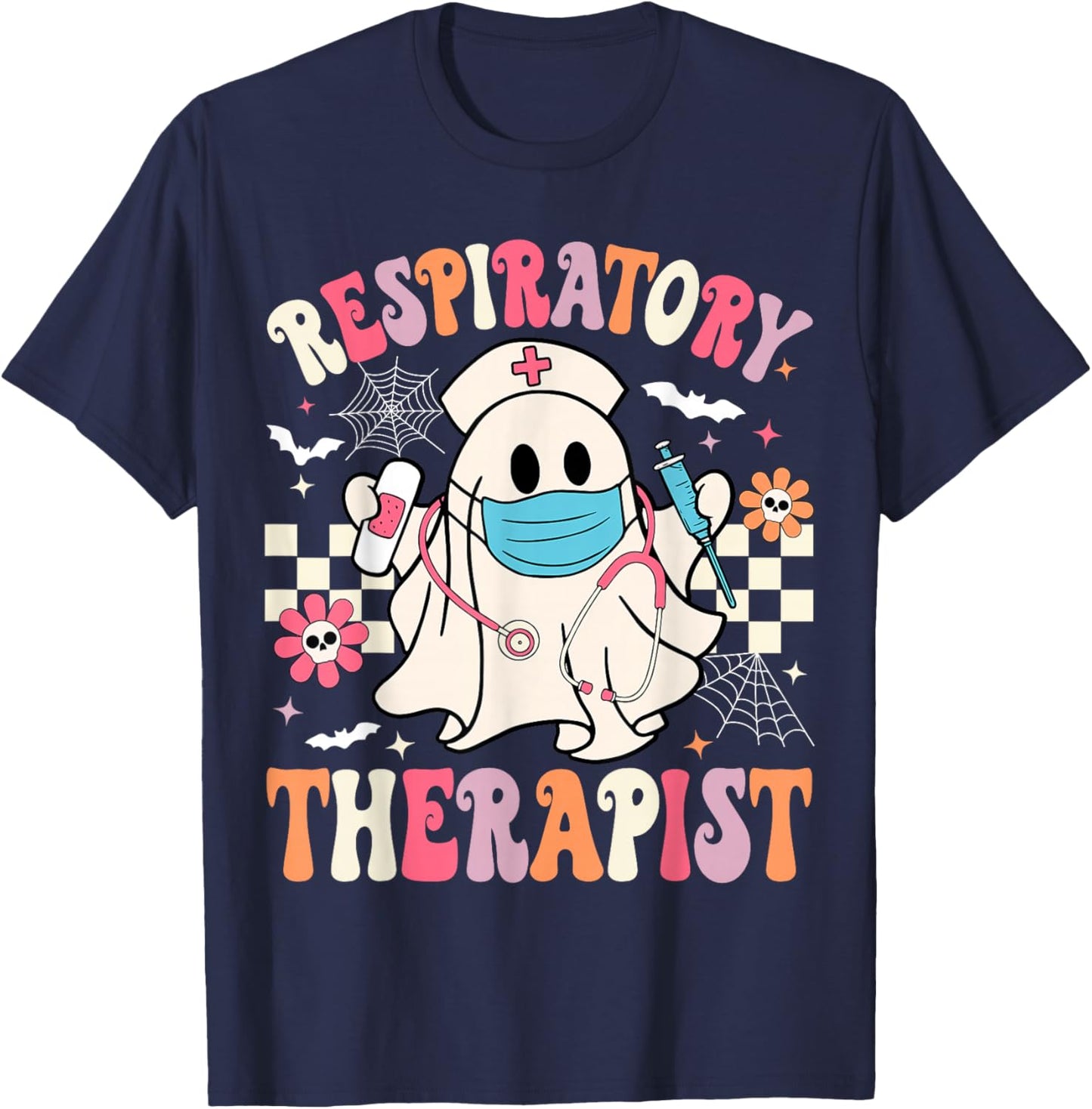 Groovy Spooky Respiratory Therapist Halloween RT Nurse T-Shirt - T-Shirt | Navy