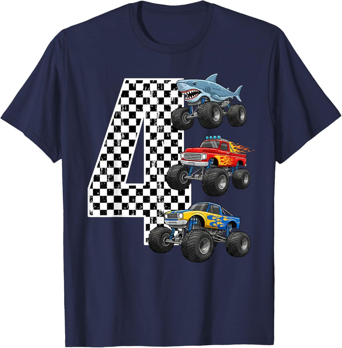 Birthday Monster Truck 4 Year Old Boys 4th Party T-Shirt - T-Shirt | Navy