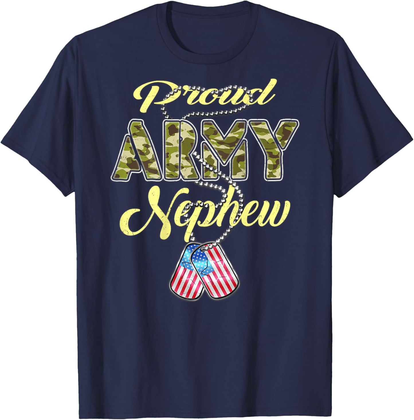 Proud Army Nephew US Flag Dog Tags Pride Military Family T-Shirt - T-Shirt | Navy