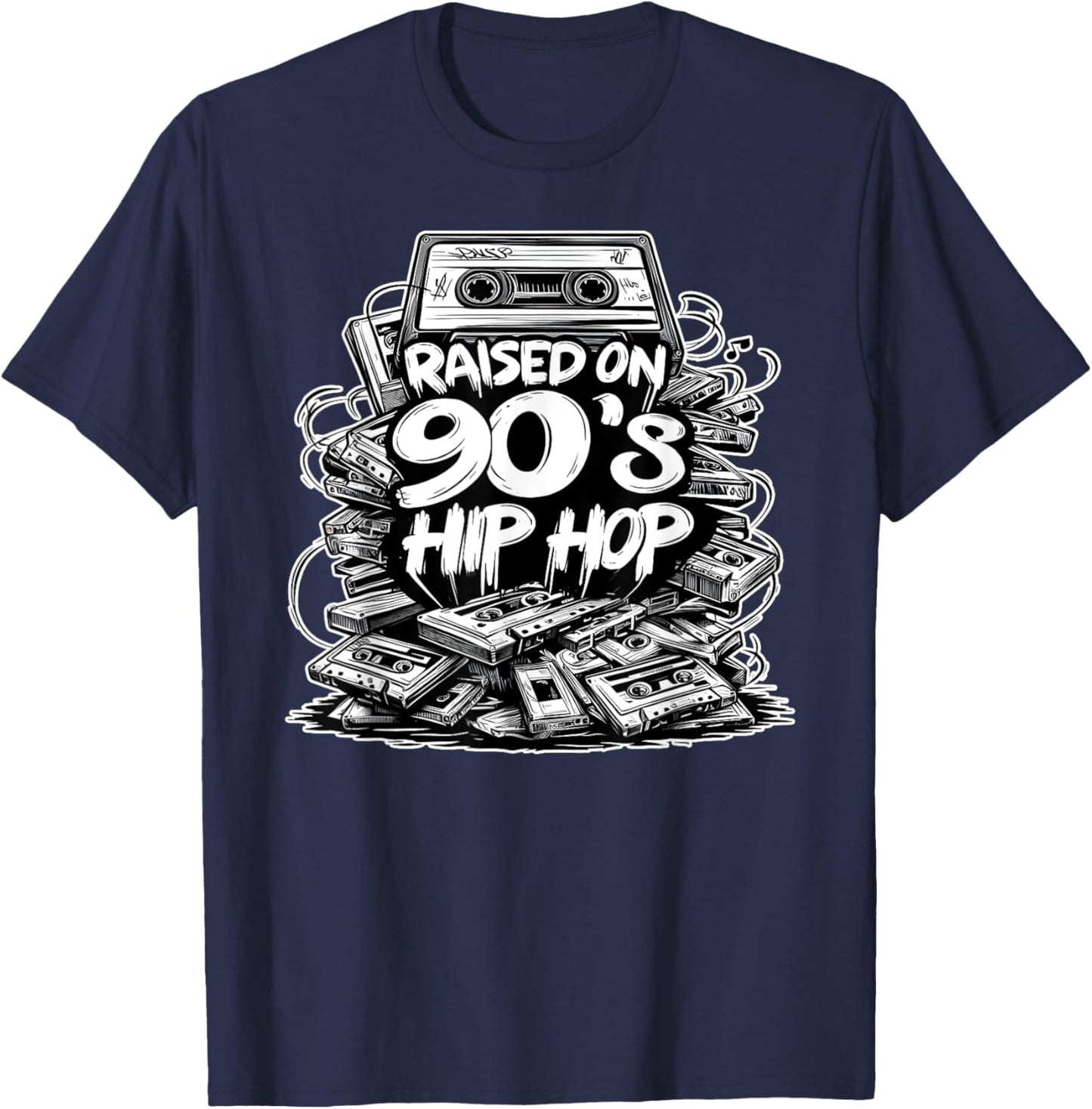 RAISED ON 90s HIP HOP Cassette Tape Graffiti Rap T-Shirt - T-Shirt | Navy