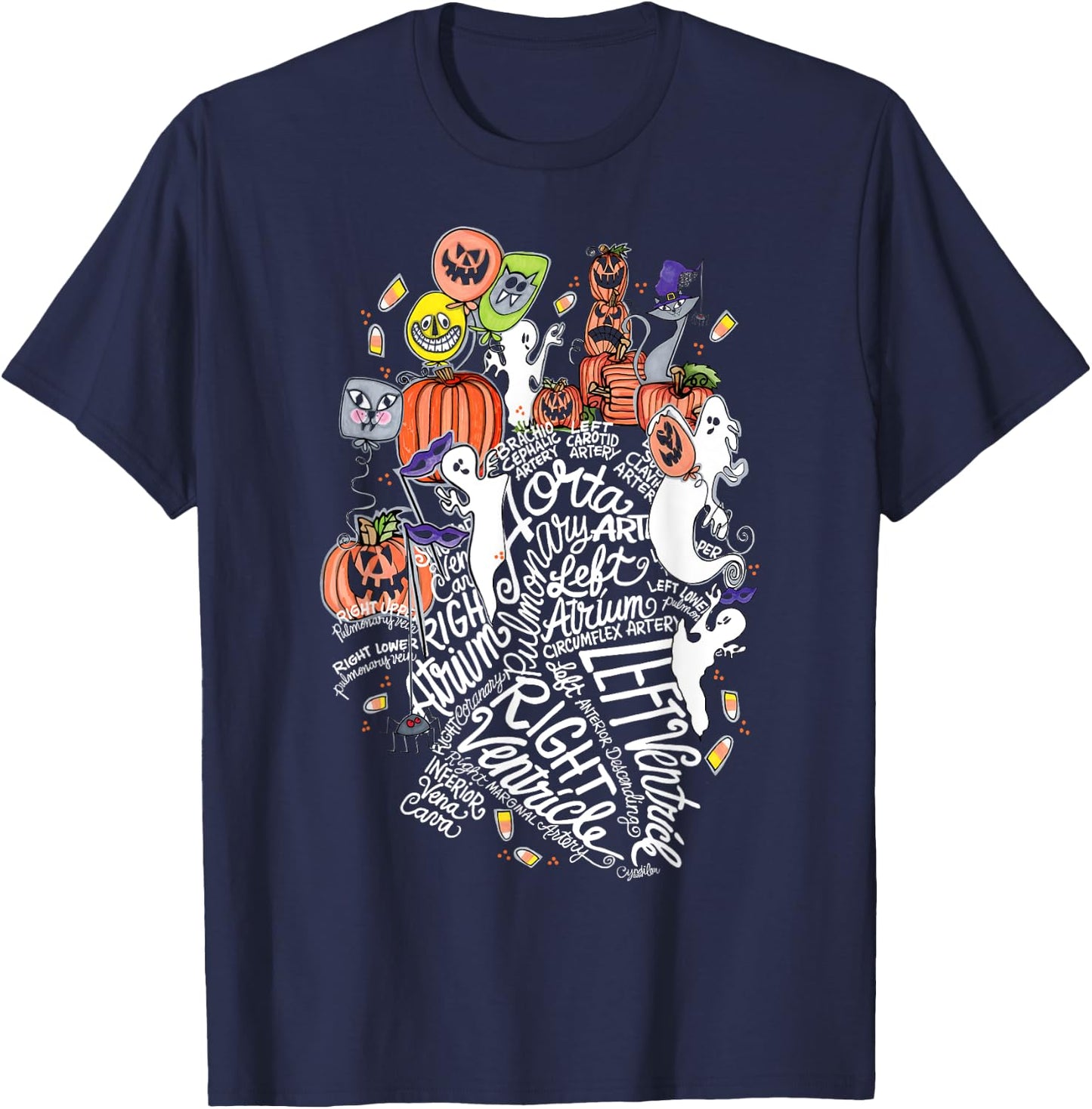 Anatomical Heart Halloween Medical White Word Cloud Line Art T-Shirt - T-Shirt | Navy