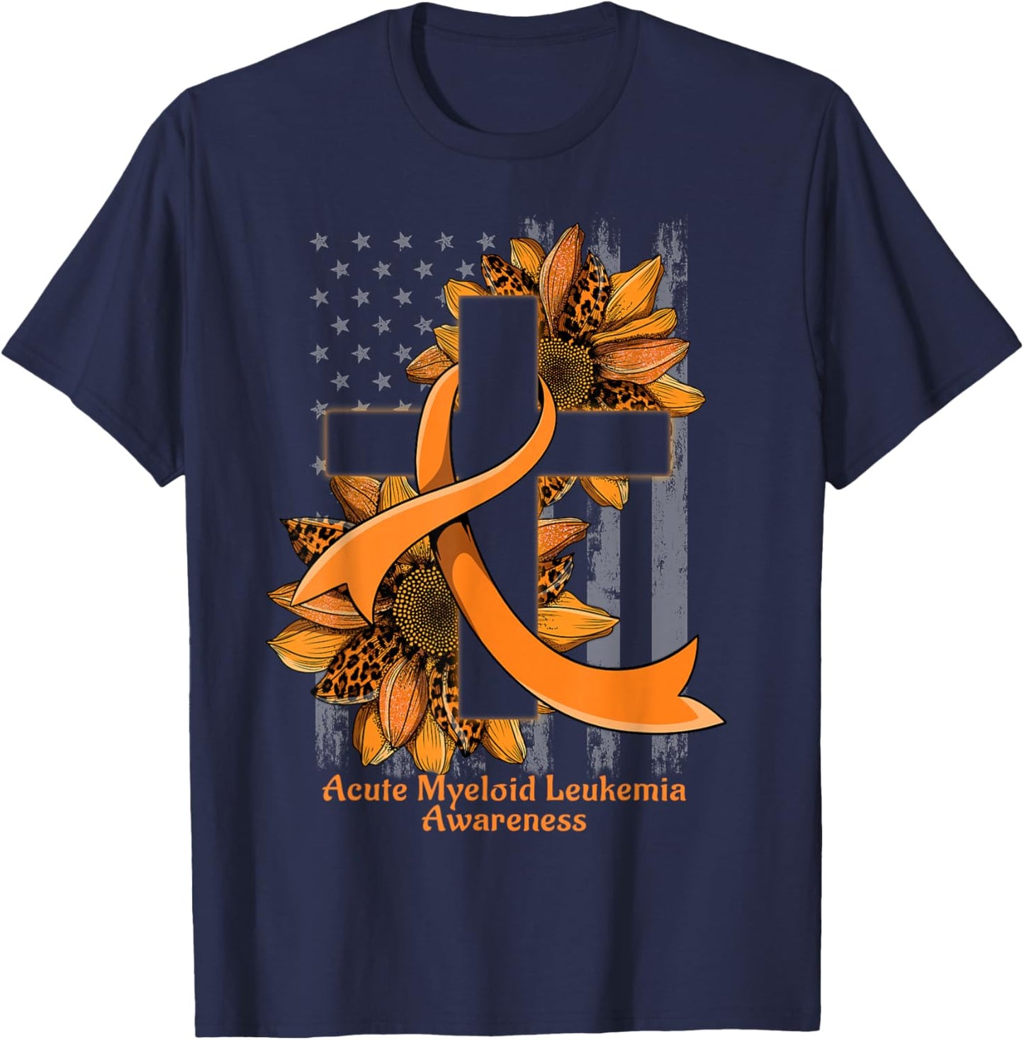 Sunflower Christian Cross Acute Myeloid Leukemia Awareness T-Shirt - T-Shirt | Navy