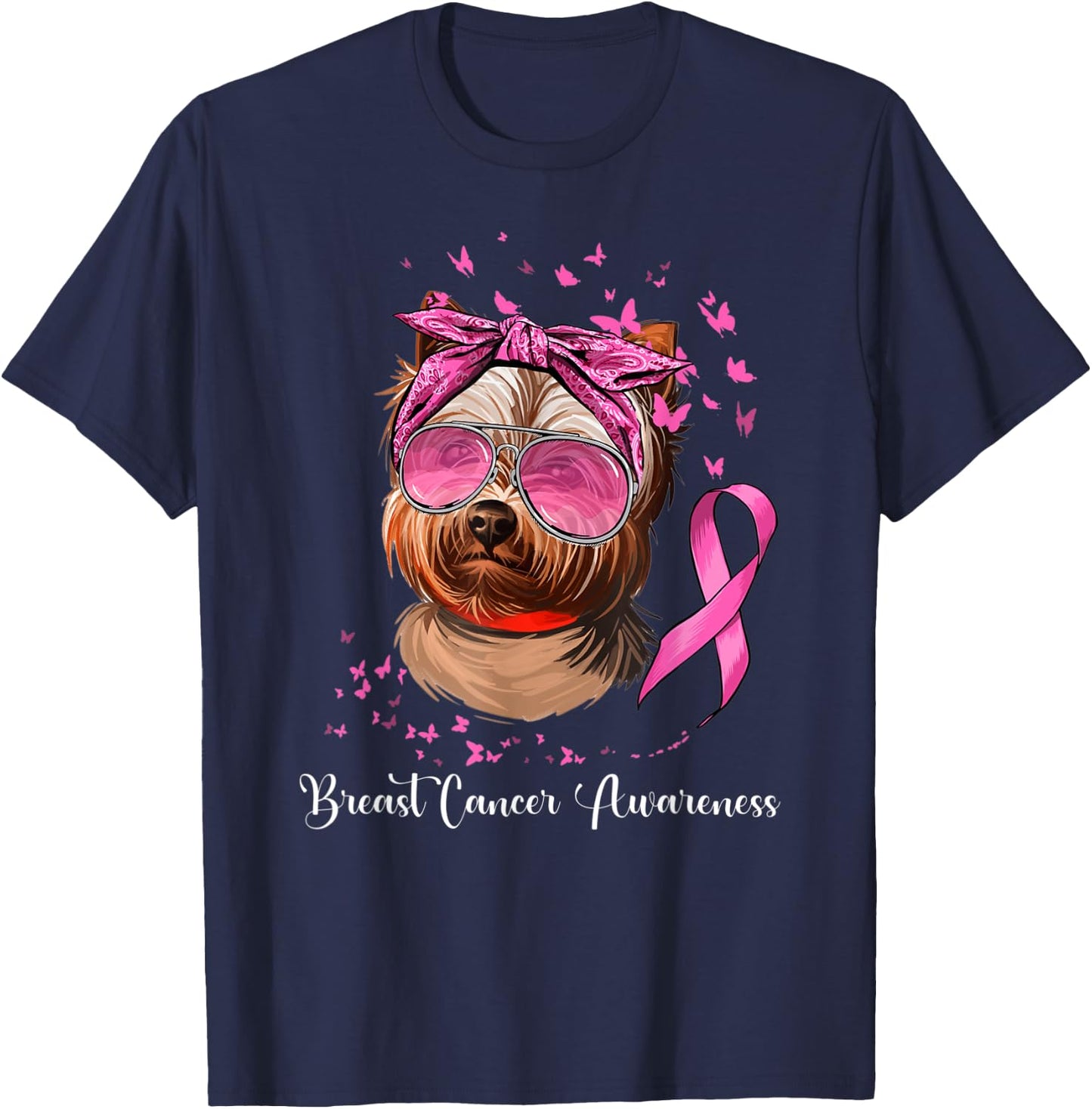 Yorkie Dog Lover Pink Ribbon Breast Cancer Awareness T-Shirt - T-Shirt | Navy