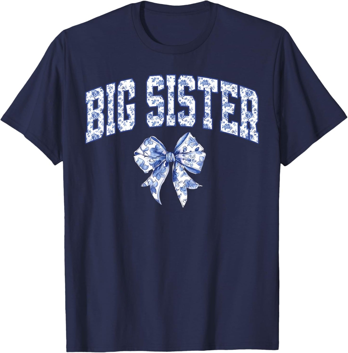 Big Sister Coquette Toile Blue Bow Floral Family Matching T-Shirt - T-Shirt | Navy