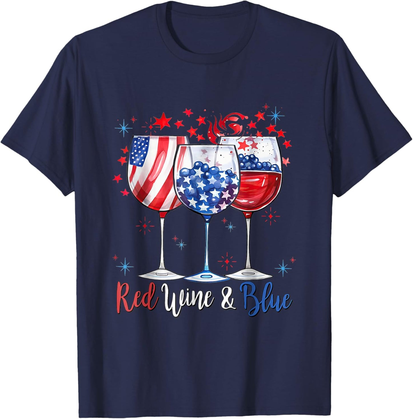 Red Wine & Blue 4th Of July Wine Glasses American Flag Men T-Shirt - T-Shirt | Navy