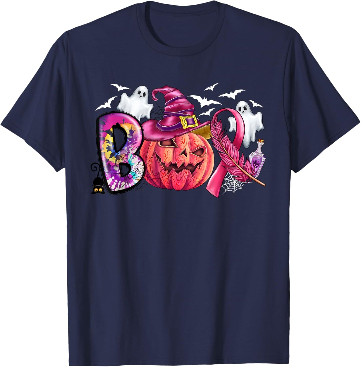 Boo Halloween Pumpkin Pink Ribbon Witch Breast Cancer Ribbon T-Shirt - T-Shirt | Navy