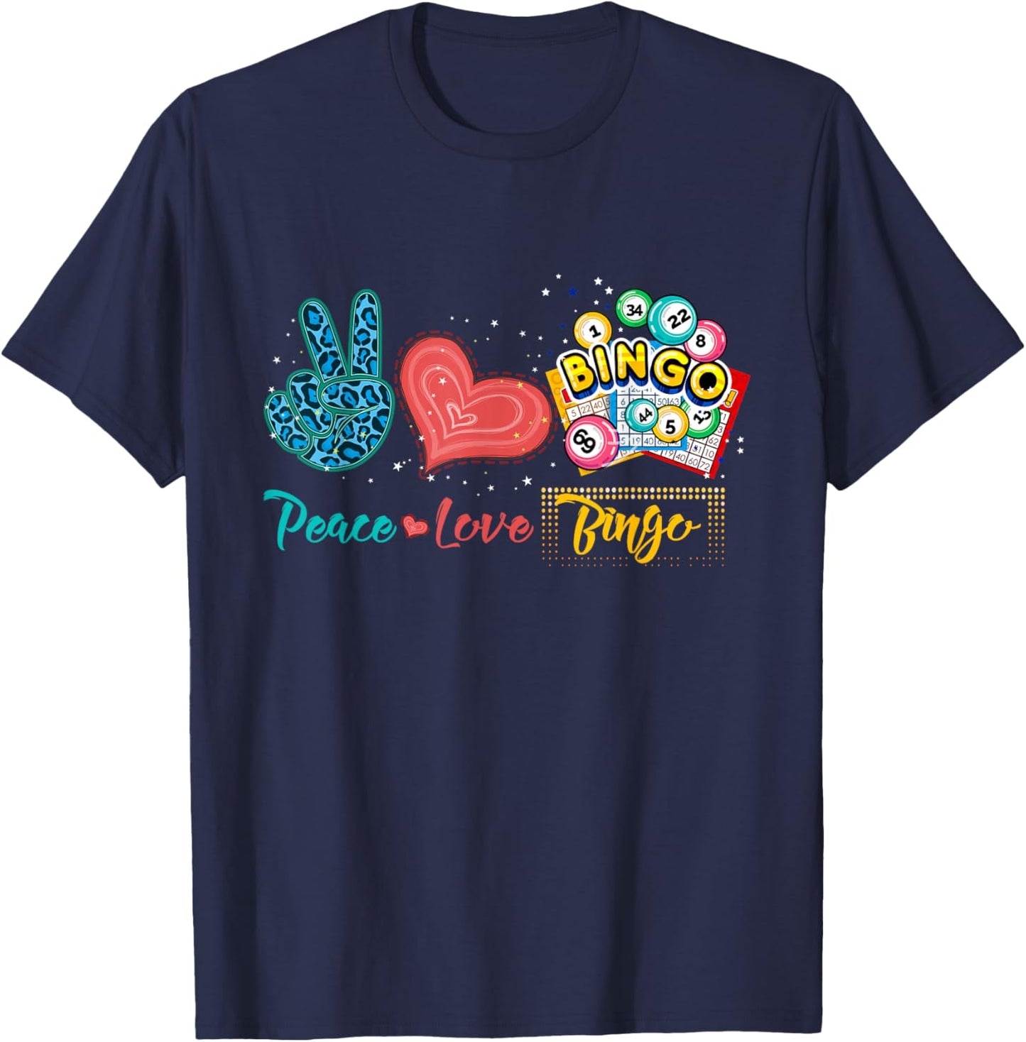 Peace Love Bingo Funny Bingo Lover Leopard Print Heart T-Shirt - T-Shirt | Navy