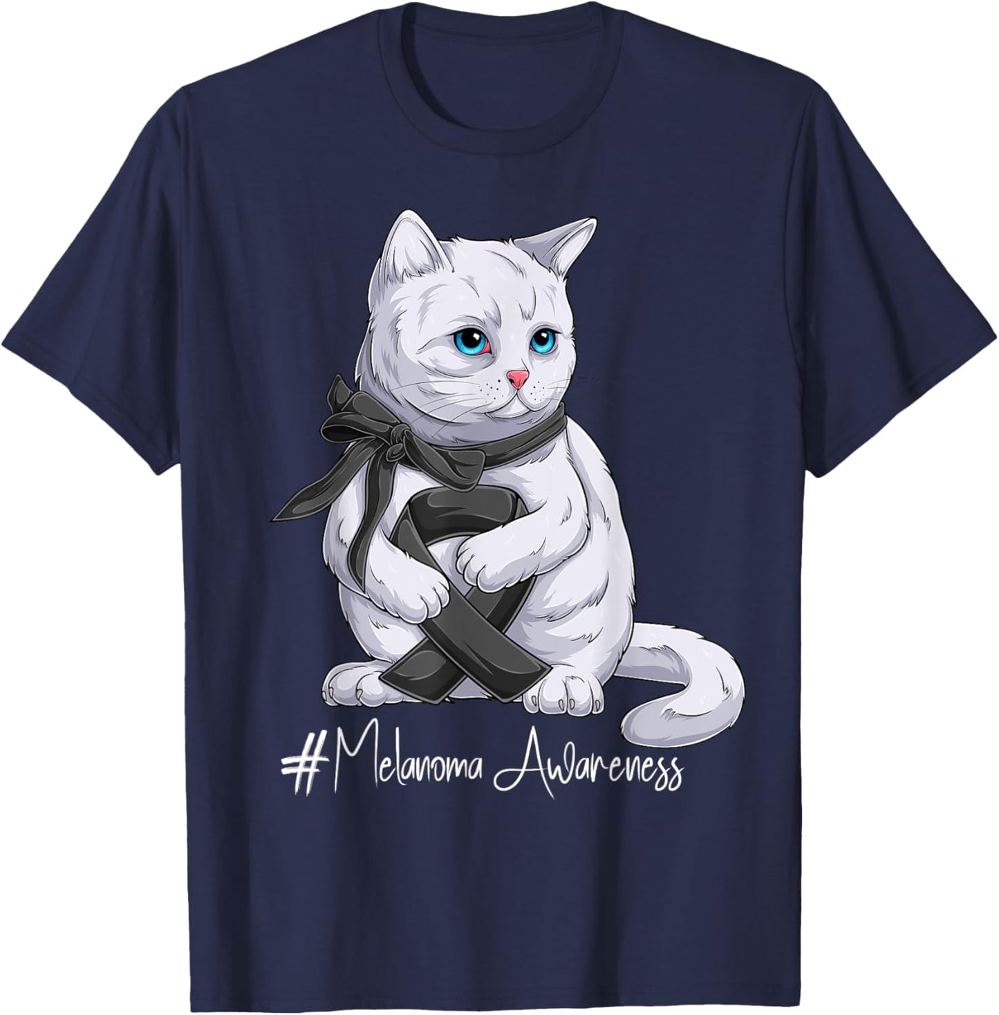 Melanoma Awareness Month Black Ribbon Cat T-Shirt - T-Shirt | Navy