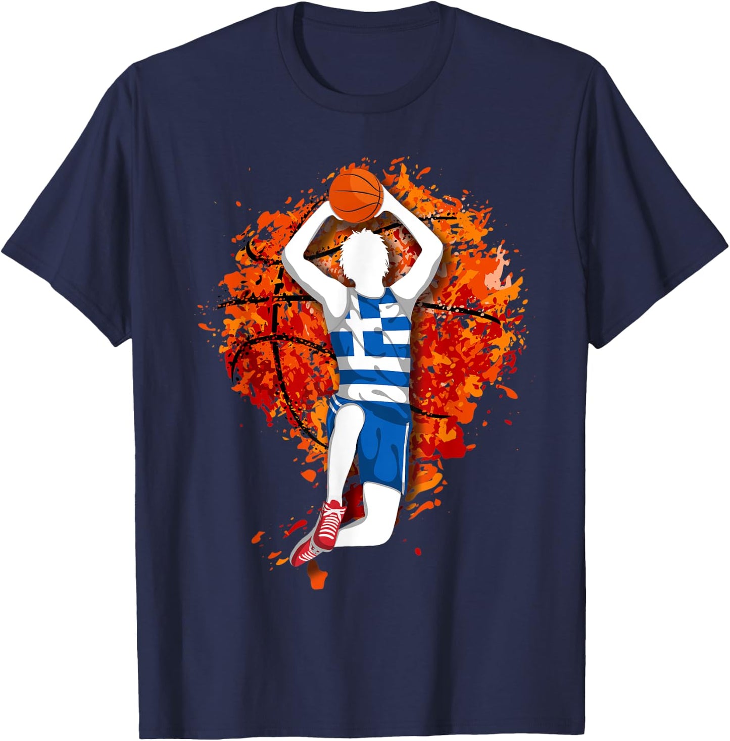 Greece Basketball Greek National Flag Mid Air Slam Dunk T-Shirt - T-Shirt | Navy