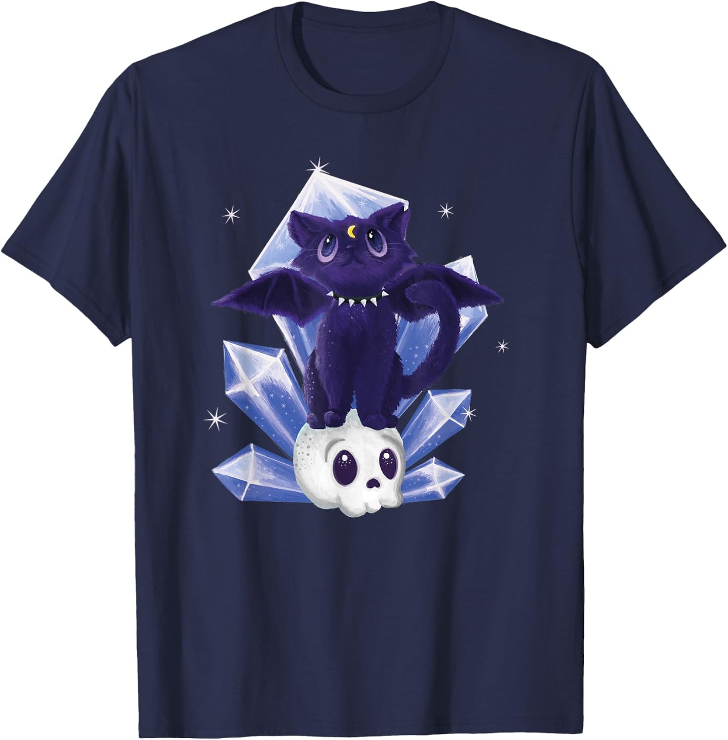 Kawaii Pastel Goth Cute Creepy Witchy Cat and Skull T-Shirt - T-Shirt | Navy